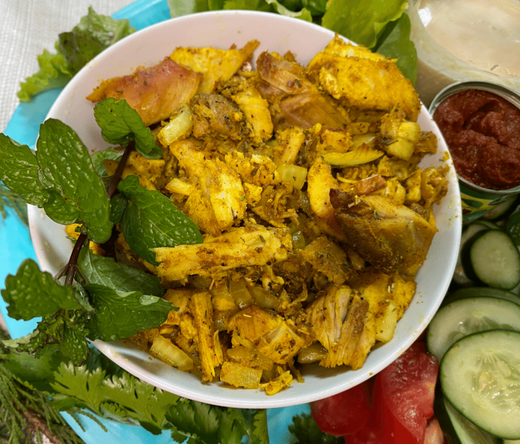 White Bowl with Spiced Turkey meat and vegetables and herbs