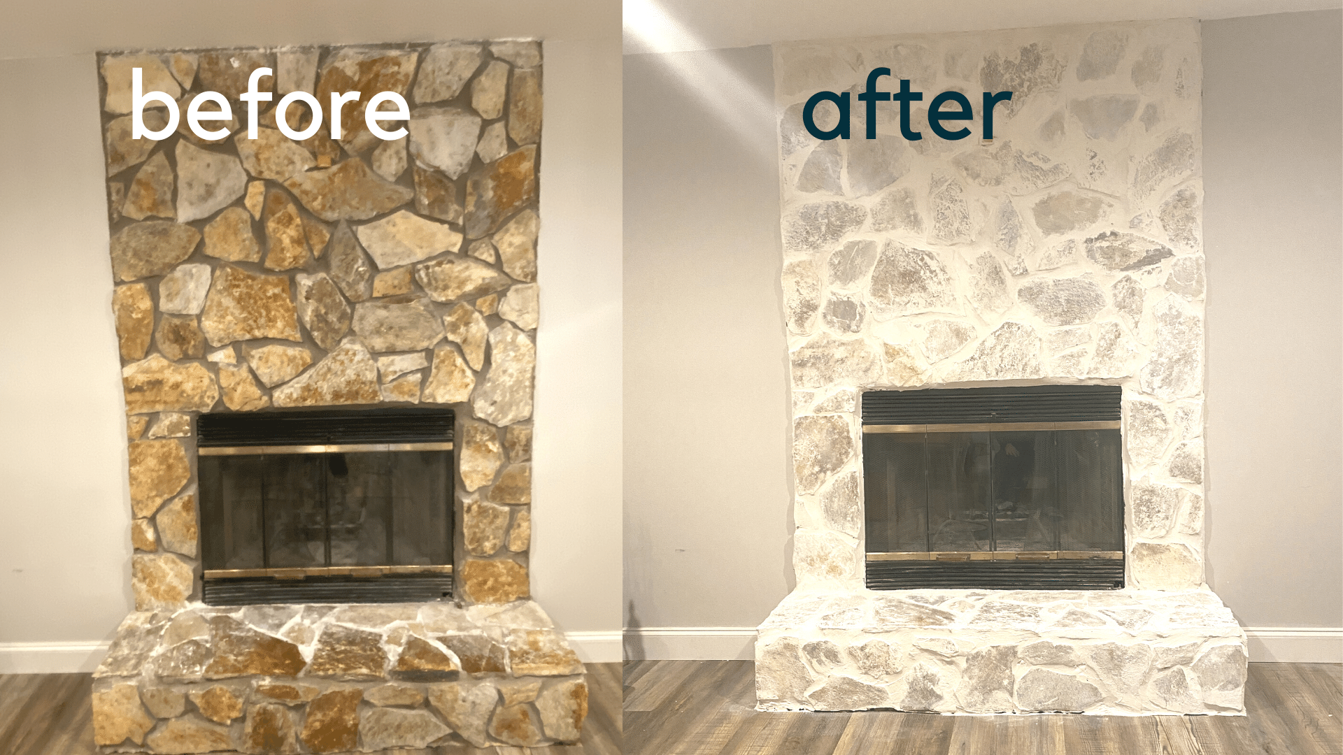 two side by side pictures of a fireplace. first picture is brown and dated, second picture is lightened and resurfaced with light grout