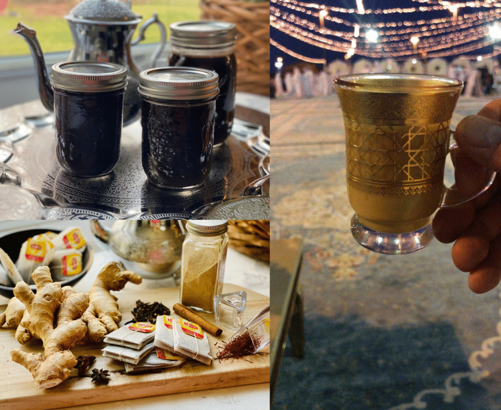 Collage of three different pictures. upper left picture is an intricate silver platter with three mason jars filled with dark liquid and a silver Moroccan style tea kettle all situated in front of a window with a green outdoor scene, the picture to the bottom left is a wooden board with various spices and tea bags laid out. The picture to the right is a small glass tea cup with gold leaf design held by a man's hand with a background of turkish rugs and string lights in the night. 